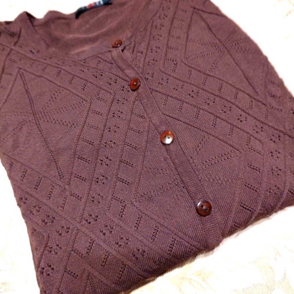 🤎 Beautiful Rich Chocolate Brown Silky Soft Harlequin Crochet Cardigan - L - Picture 2 of 12